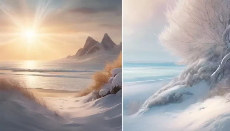 Split image contrasting a snow covered landscape during winter, and a bright sunny sandy beach during summertime, showcasing winter vs summer